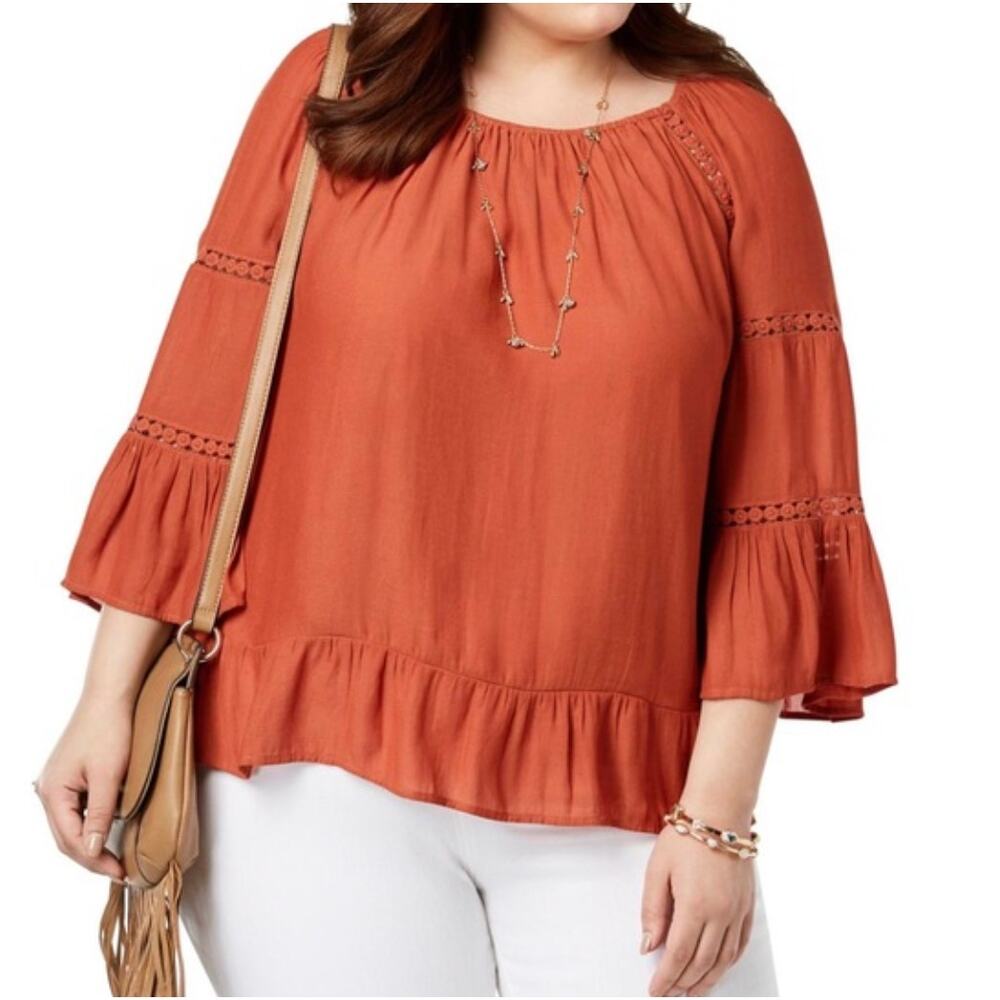 INC Size 2X PLUS Rust Colored Bohemian Peasant Style Flowy Top Festival Hippie